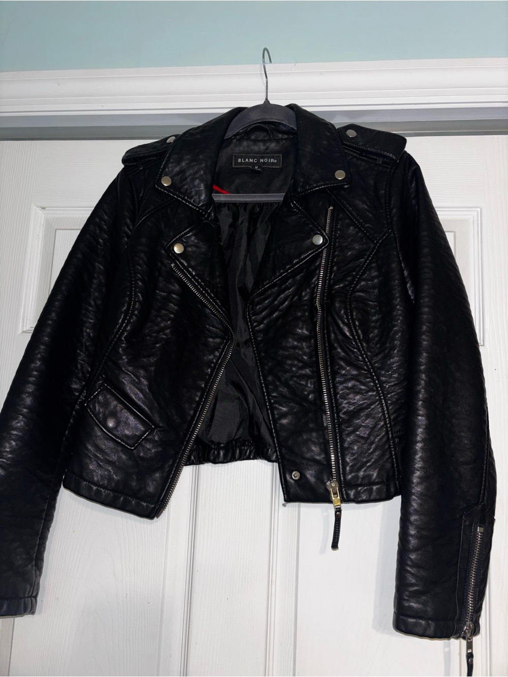 blanc noir Black Faux Leather Moto Jacket with Asymmetric Zip